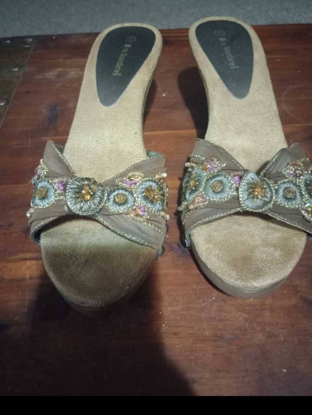 No Boundaries Brown Embroidered Slide Heels